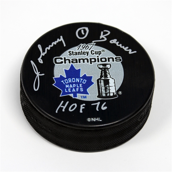 Johnny Bower Toronto Maple Leafs Autographed 1967 Stanley Cup Puck with HOF Note