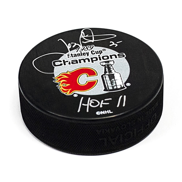 Joe Nieuwendyk Calgary Flames Autographed 1989 Stanley Cup Puck with HOF Note