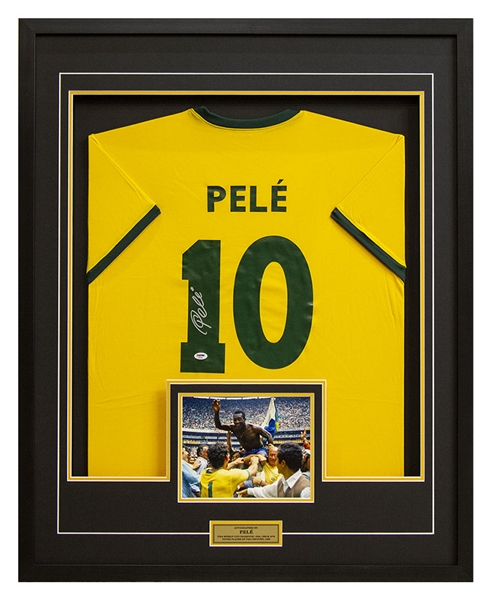 Pele Team Brazil Autographed FIFA World Cup Football Legend 35x43 Framed Jersey - PSA/DNA