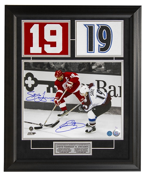 Steve Yzerman & Joe Sakic  Red Wings vs Avalanche Dual Signed #19 Jersey Number 19x23 Frame LE/19