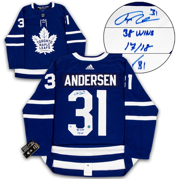 Frederik Andersen Toronto Maple Leafs Signed & Noted 2018 Wins Record Adidas Authentic Hockey Jersey LE #/31