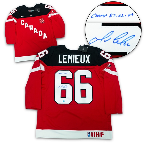 Mario Lemieux Team Canada Signed 100 Year Nike Hockey Jersey with 3 x Champ Note