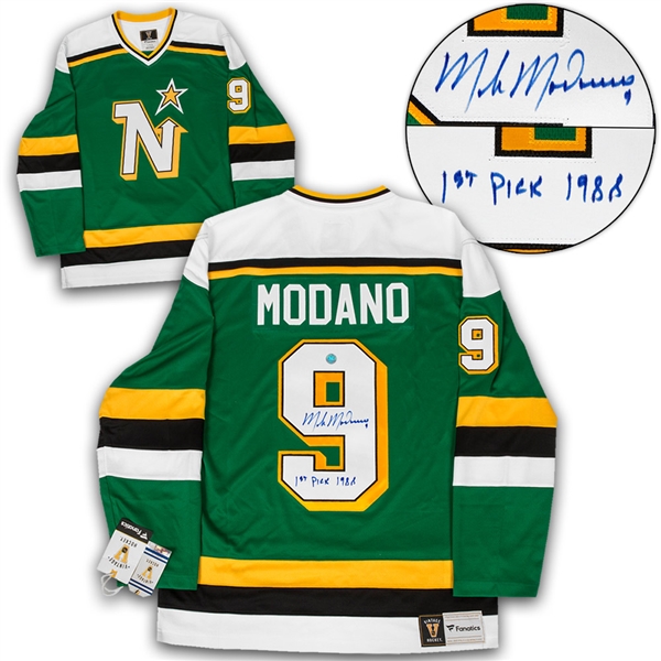 Mike Modano Minnesota North Stars Signed Fanatics Vintage Hockey Jersey with 1st Pick 1988 Note