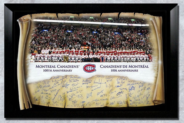 Montreal Canadiens Autographed 100 Signature 58x41 Centennial Framed Print LE #522/2009 *Jean Beliveau, Guy LaFleur, Carey Price, etc*