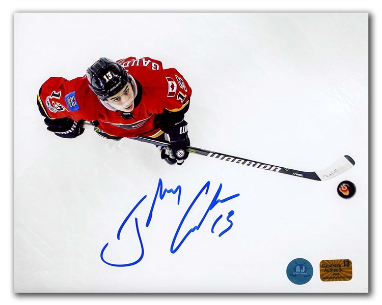 Johnny Gaudreau Calgary Flames Autographed Overhead Puck Wizard 16x20 Photo