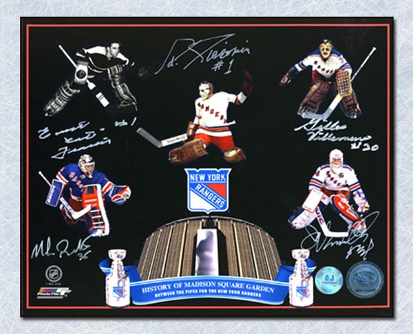 NY Rangers Madison Square Gardens Autographed 5 Goalie Legends 16x20 Photo