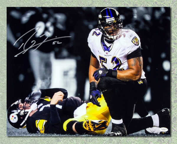 Ray Lewis Baltimore Ravens Autographed Football QB Sack 16x20 Photo