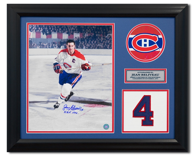 Jean Beliveau Montreal Canadiens Signed Retired Jersey Number 20x24 Frame