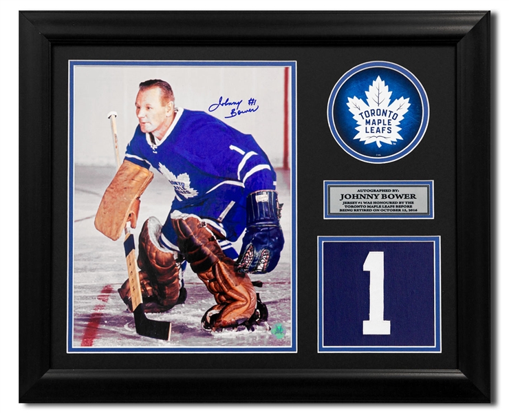 Johnny Bower Toronto Maple Leafs Signed Retired Jersey Number 20x24 Frame