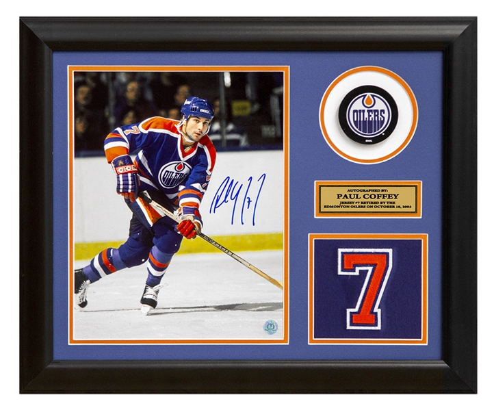 Paul Coffey Edmonton Oilers Signed Retired Jersey Number 20x24 Frame