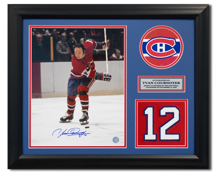 Yvan Cournoyer Montreal Canadiens Signed Retired Jersey Number 20x24 Frame