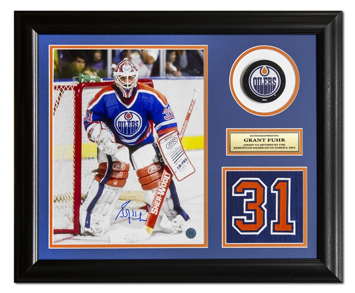 Grant Fuhr Edmonton Oilers Autographed Retired Jersey Number 20x24 Frame
