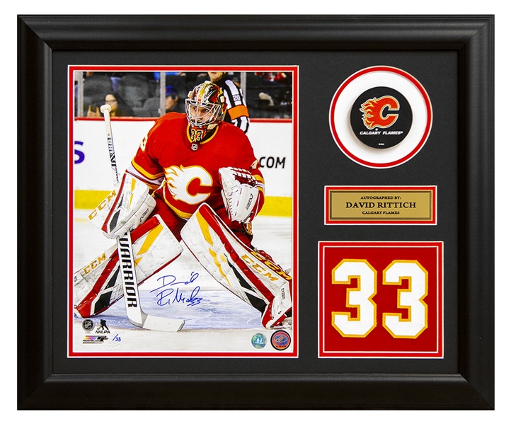 David Rittich Calgary Flames Signed Retro Logo Jersey Number 20x24 Frame #/33