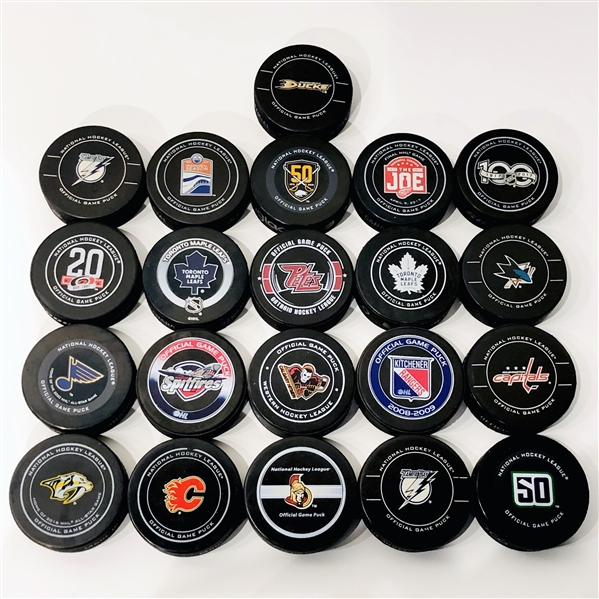 Lot of 21 Assorted Official Game Hockey Pucks