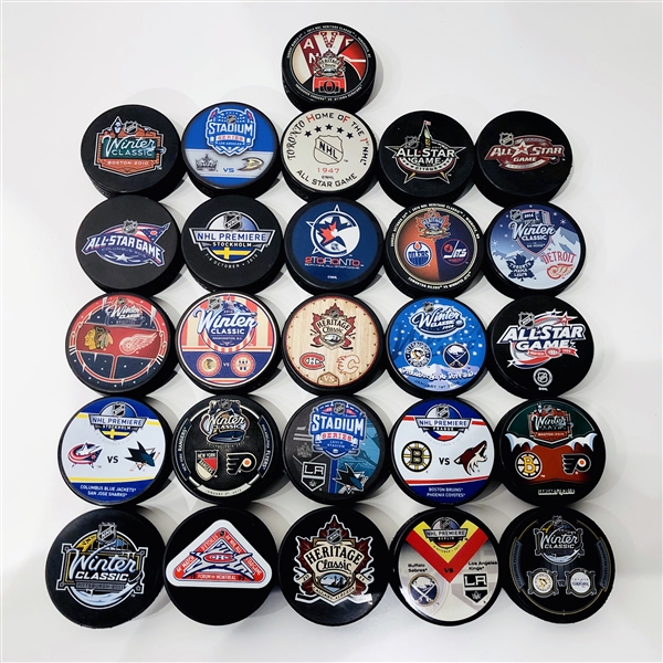 Lot of 26 Assorted Official NHL Special Event Souvenir Hockey Pucks