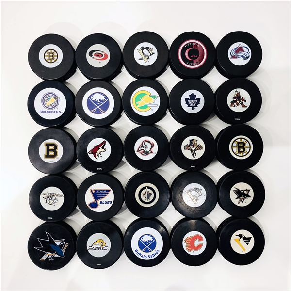 Lot of 25 Assorted Official Large Logo Autograph Model Souvenir Hockey Pucks