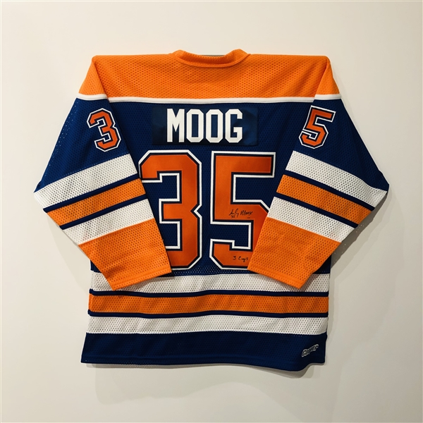Andy Moog Edmonton Oilers Autographed Cooper Teamwear Hockey Jersey w/ 3 Cups Note