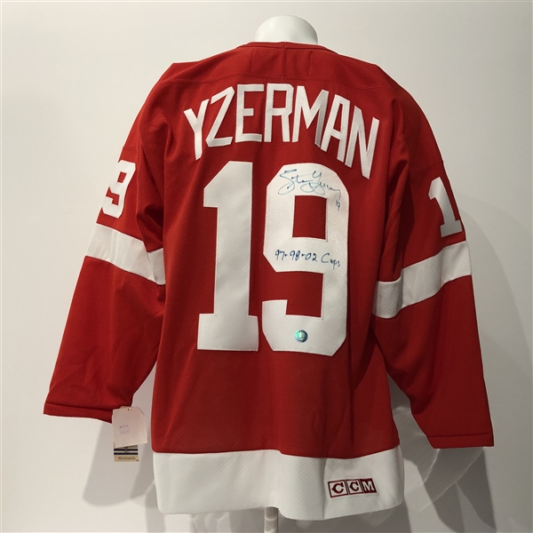 Steve Yzerman Detroit Red Wings Autographed CCM Jersey w/ 97-98-02 Cups Note