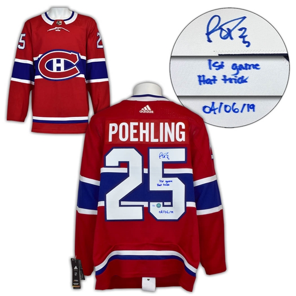 Ryan Poehling Montreal Canadiens Signed & Dated 1st Game Hat Trick Adidas Jersey