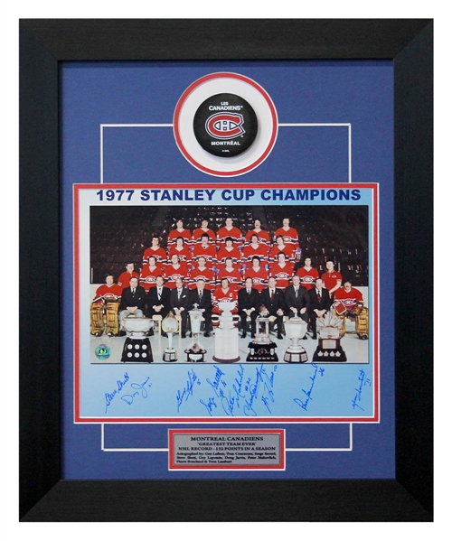 1977 Montreal Canadiens 9 Player Team Signed Stanley Cup 20x24 Puck Frame