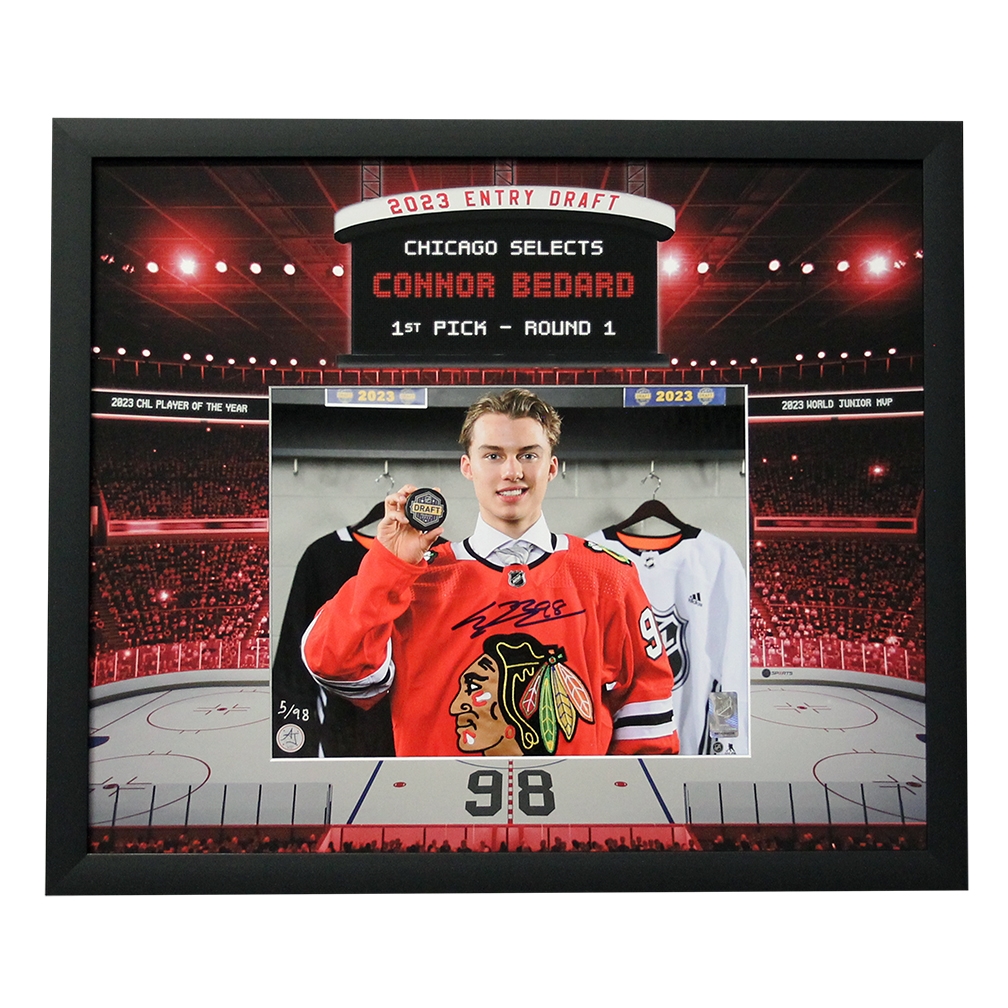 Connor Bedard Signed Chicago Arena Draft Day Scoreboard Graphic 24x28 Frame /98