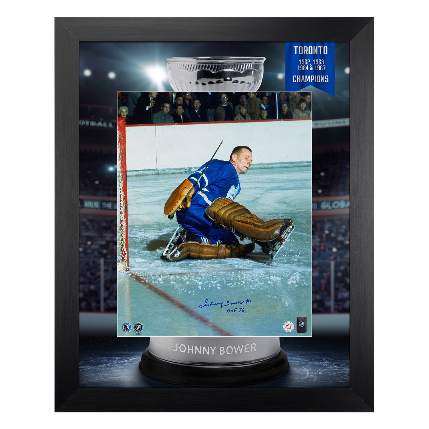 Johnny Bower Signed Toronto Maple Leafs Champion Cup Graphic 26x32 Frame