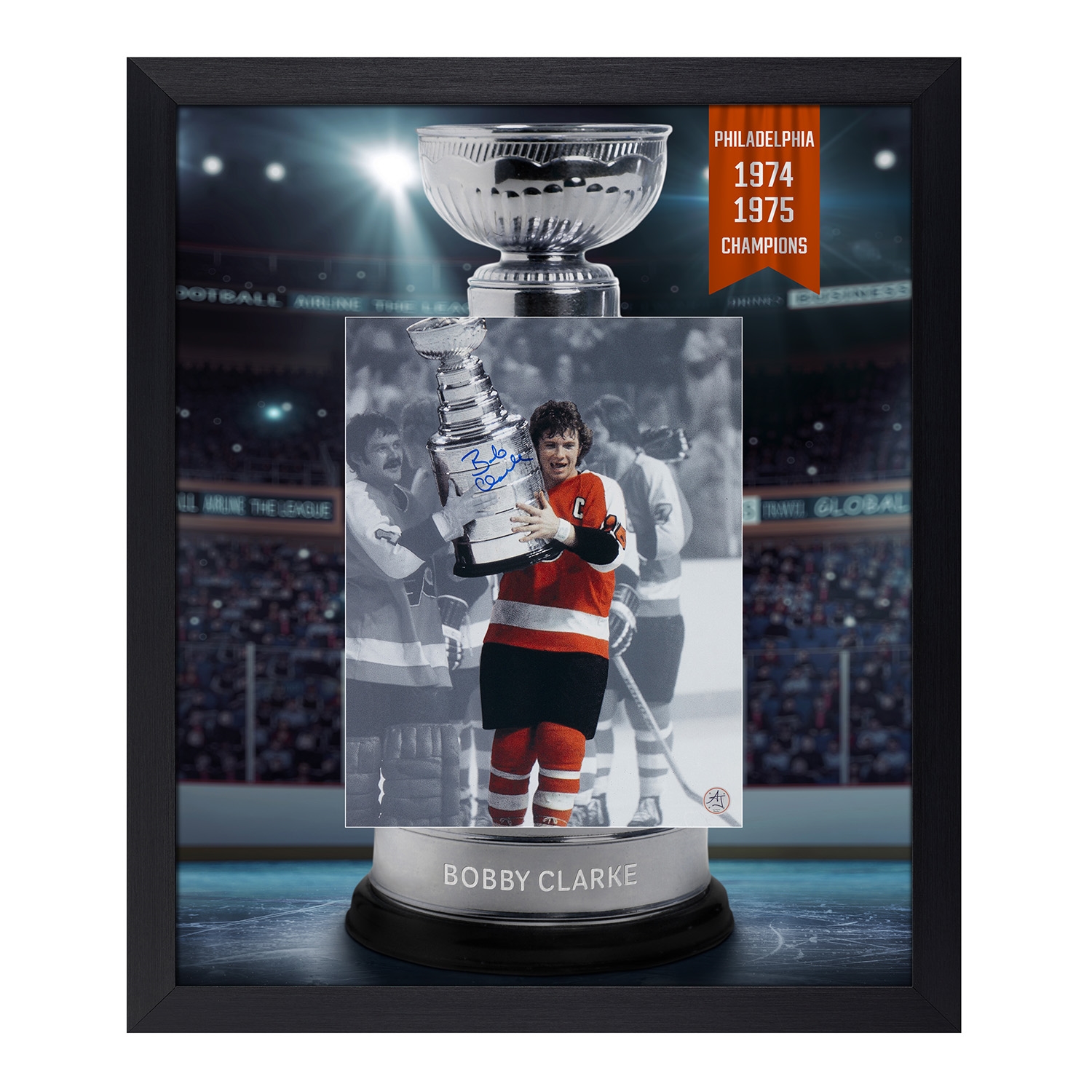 Bobby Clarke Signed Philadelphia Flyers Cup Champion Graphic 23x27 Frame