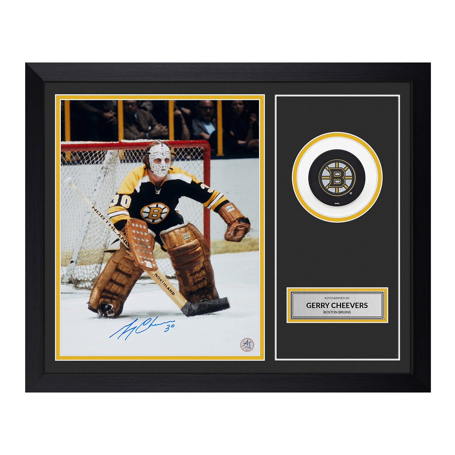 Gerry Cheevers Signed Boston Bruins Puck Logo 19x23 Frame