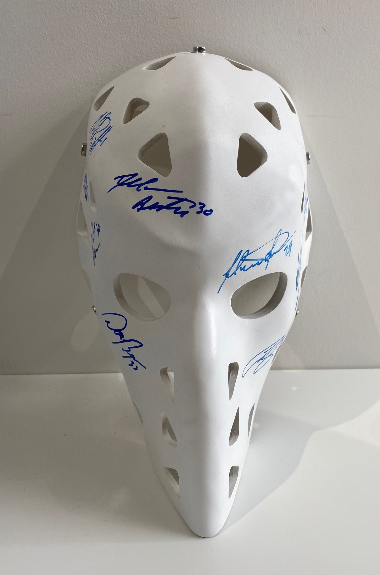 Vintage Mikula Mask Autographed by 9 Former Maple Leafs Goalies